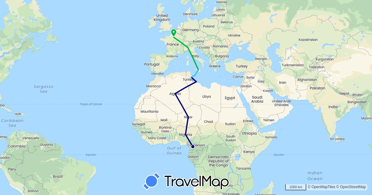 TravelMap itinerary: driving, bus, boat in Cameroon, Algeria, France, Italy, Libya, Niger, Nigeria, Tunisia (Africa, Europe)
