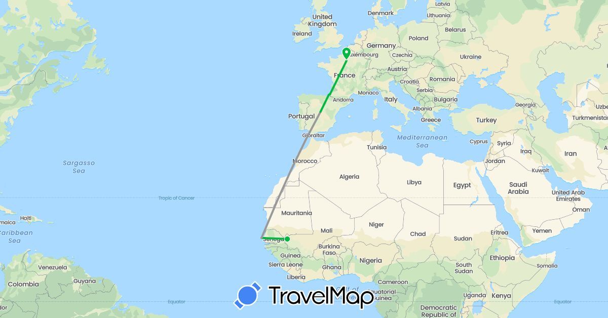 TravelMap itinerary: bus, plane in Spain, France, Mali, Senegal (Africa, Europe)