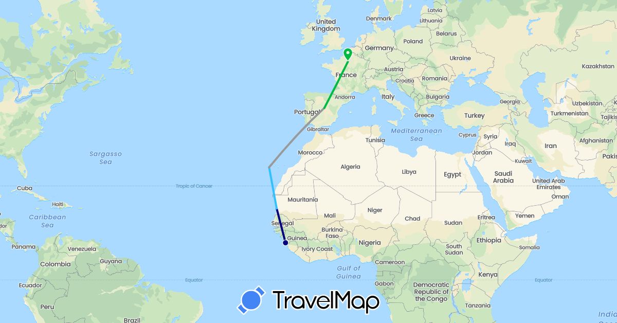 TravelMap itinerary: driving, bus, plane, boat in Spain, France, Guinea, Mauritania (Africa, Europe)