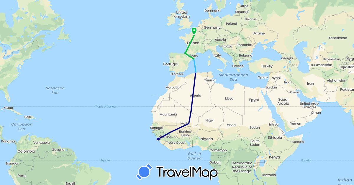 TravelMap itinerary: driving, bus, boat in Algeria, Spain, France, Guinea, Mali (Africa, Europe)