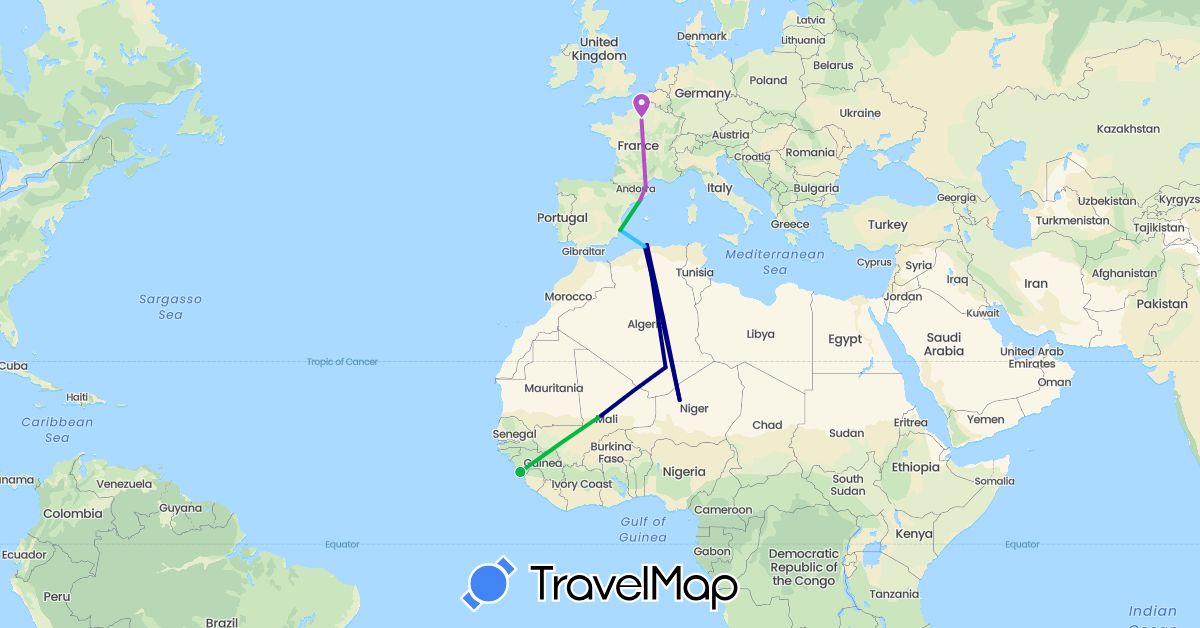 TravelMap itinerary: driving, bus, train, boat in Algeria, Spain, France, Guinea, Mali, Niger (Africa, Europe)