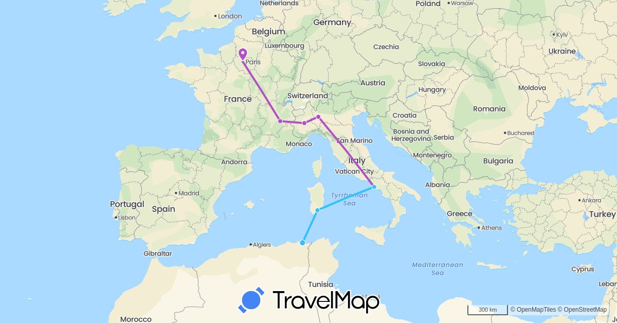 TravelMap itinerary: driving, train, boat in Algeria, France, Italy (Africa, Europe)