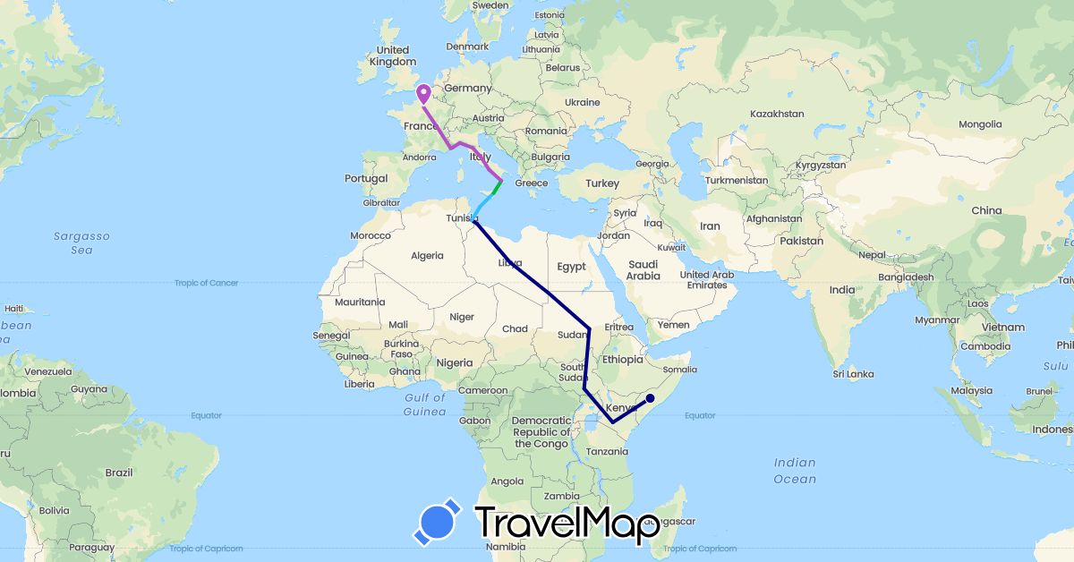 TravelMap itinerary: driving, bus, train, boat in France, Italy, Kenya, Libya, Sudan, Somalia, South Sudan, Tunisia (Africa, Europe)
