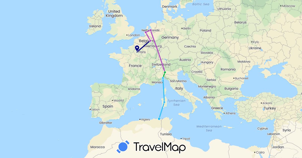 TravelMap itinerary: driving, bus, train, boat in Belgium, Algeria, France, Italy, Netherlands (Africa, Europe)